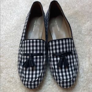 Ann Taylor Gingham Tassel Black White Checkered Flats Shoes Women’s Sz 7.5